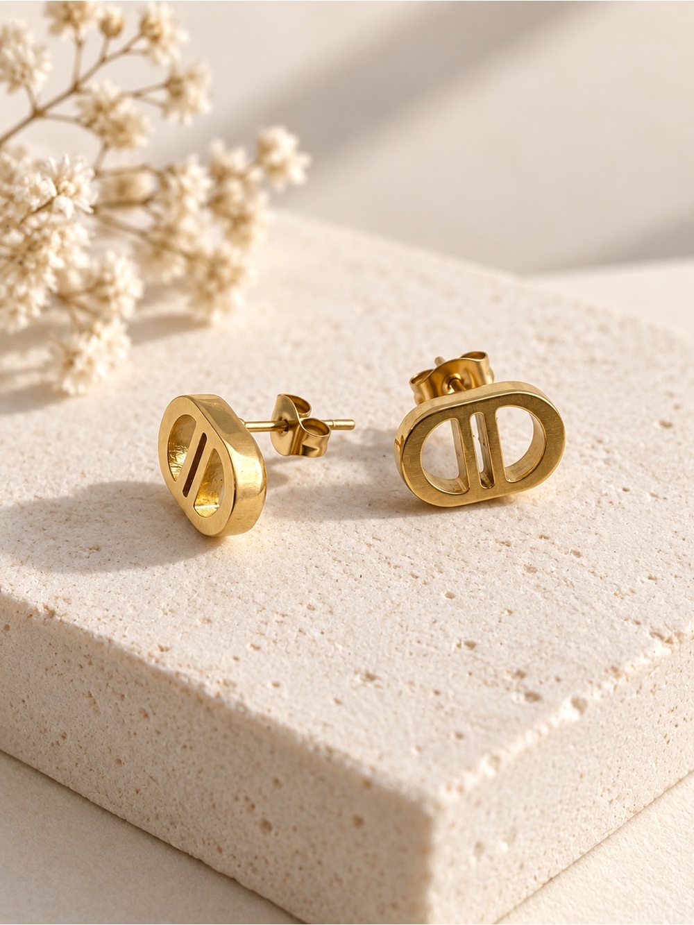 Gold Plated Geometric Oval Stud Earrings - Women Jewelry